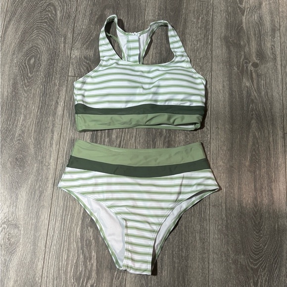 Swim | Sage Green Striped Racerback Bikini Set | Poshmark